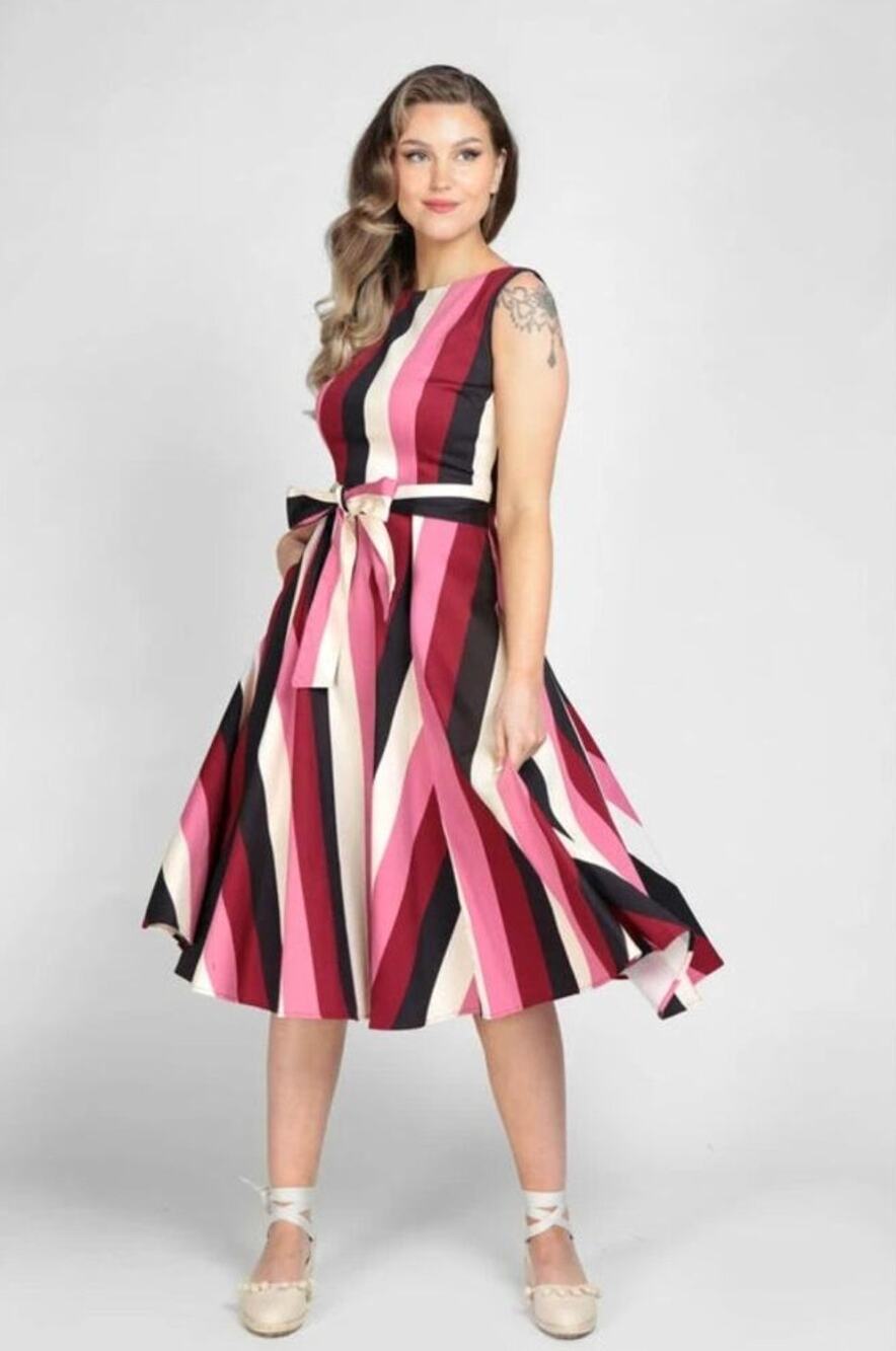 Collectif London Stripe Swing Dress Rockabilly Pin Up 50s Retro Pink Cotton 6